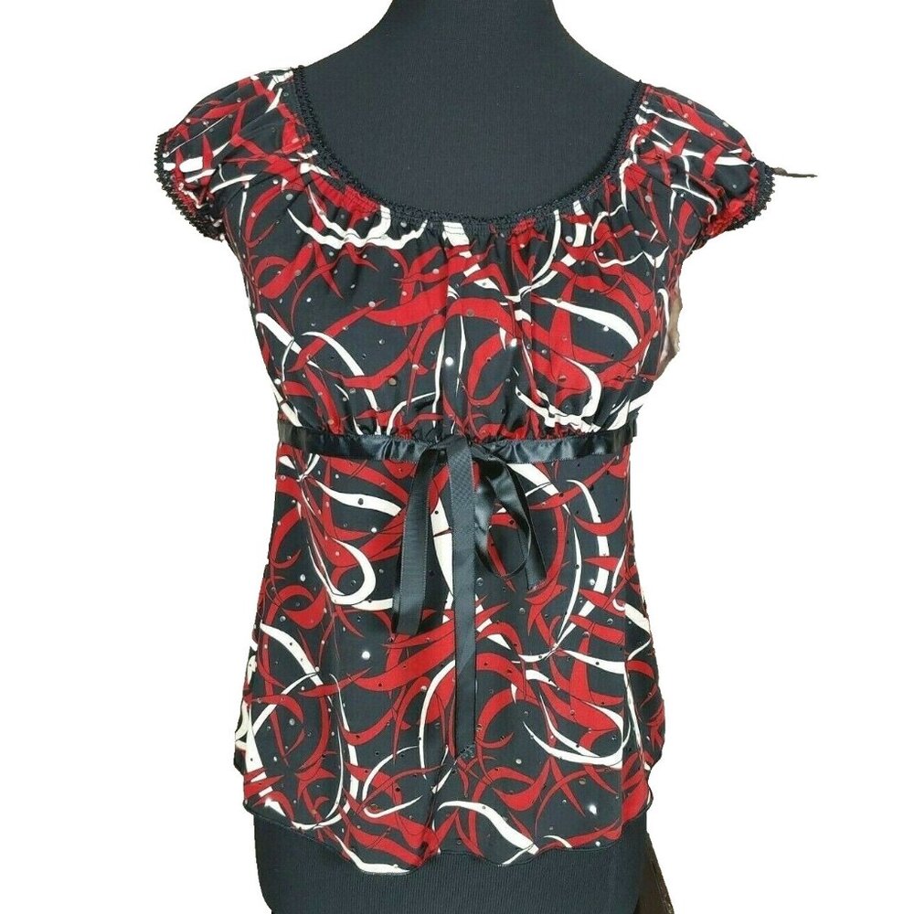 Agenda Womens Petite M Sequin Top Blouse Red Black - Picture 2 of 10